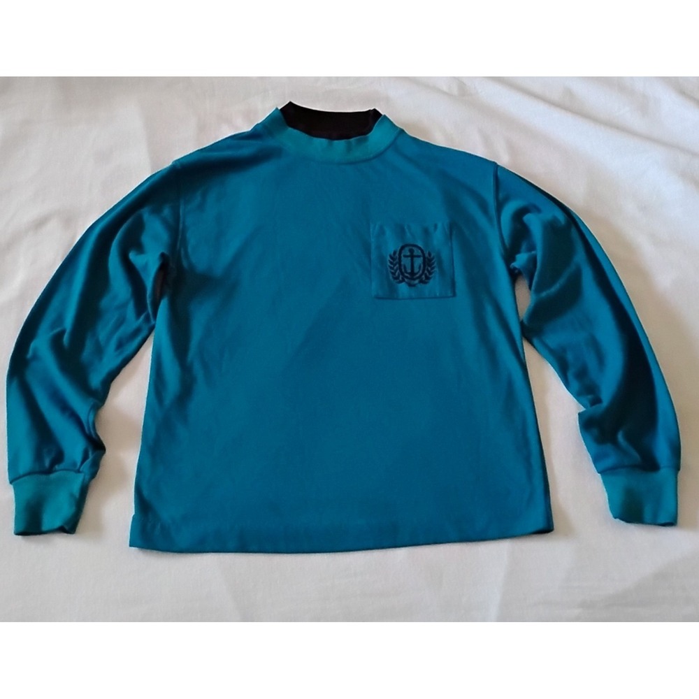 VTG Dune Road Kids Teal Mock Neck Anchor Crest Pocket Shirt M 12-14 Blue